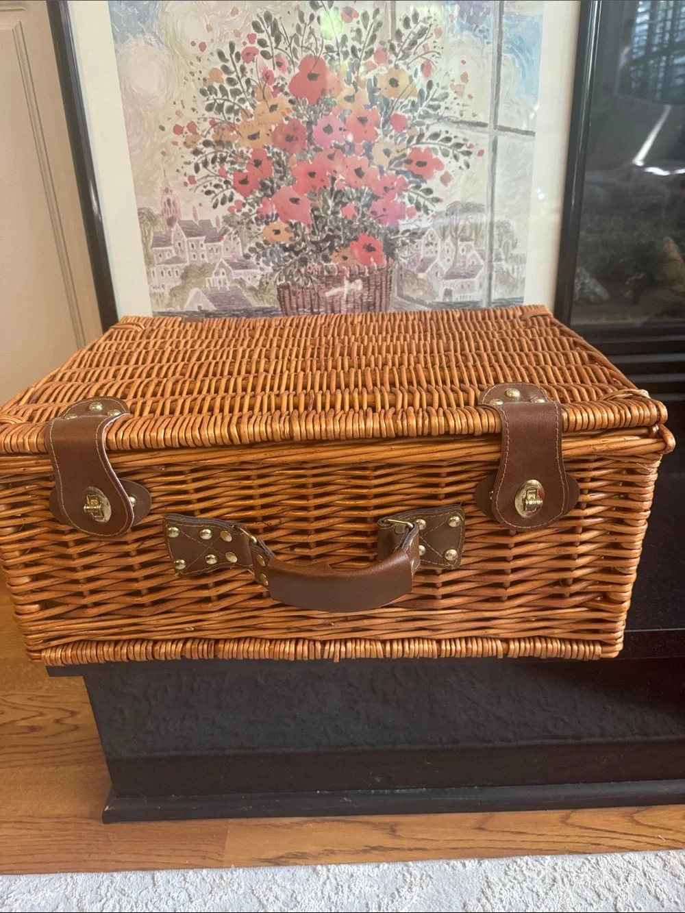 Wicker Picnic Basket Set with Red Gingham Lining